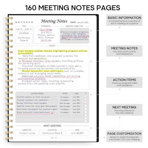 6 Pack of Meeting Notebook for Work Organization - Work Planner Notebook with Action Items, Agenda Planner for Note Taking, 160 Pages (6.9" X 9.9") Project Organizer for Men & Women - Black