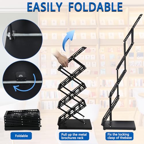 Brochure Display Stand Foldable Magazine Rack, Metal Brochure Holder Literature Rack with Carrying Bag, 4 Pockets Literature Stand for Exhibition Trade Show and Office Retail Store, Black