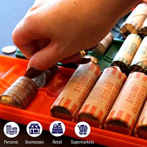Nadex Rolled Coin Storage Organizer 5 Tray Set with Ridges for Loose Coins | Dollar, Quarters, Dimes, Nickles, and Penny Color Coded Trays