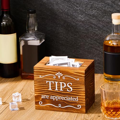 Vesici Burnt Wood Tip Jar for Bartender, 6x4x5 Inch, Tips & Donations