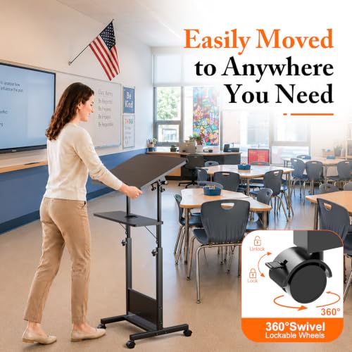 OUKMIC 24x16in Adjustable Height Rolling Podium Stand with 180° Tilting Desktop - Black