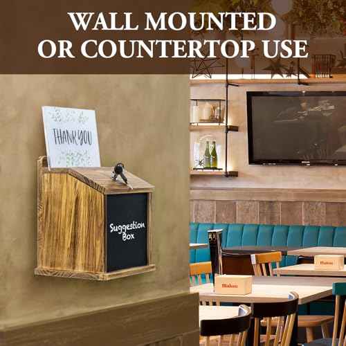 MyGift Rustic Burnt Wood Wall Mountable Fundraising Donation Suggestion Box / Comment Ballot Box with Lock and Key, Clear Acrylic Sign Holder and Chalkboard Surface