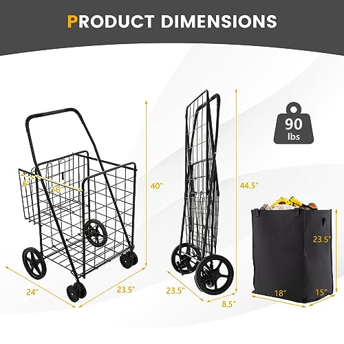 S AFSTAR Folding Shopping Cart with Wheels, 27 Gal Grocery Cart with Oxford Liner Bag & Double Basket, 330 LBS Weight Capacity, Portable Granny Cart Shopping Cart for Market Laundry (Black)
