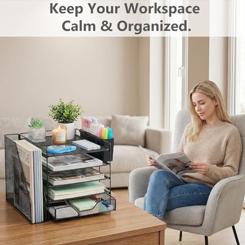 Gugsey Black 5-Tier Desk File Organizer with Drawer & Pen Holder
