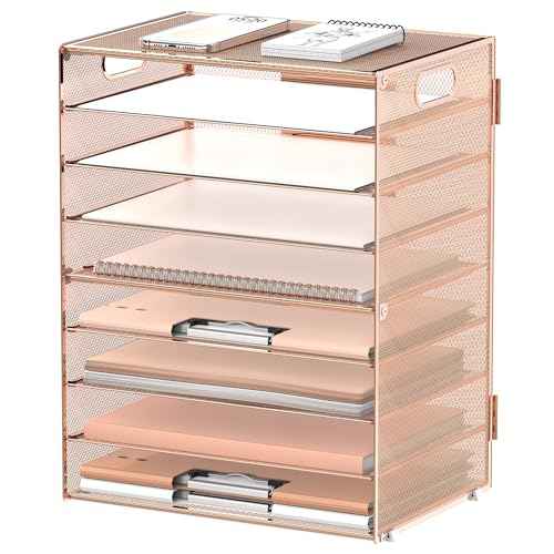DALTACK 9-Tier Paper Letter Tray Desk Organizer with Handles, Mesh File Holder Organization, File Organizer for Desk Paper Sorter for Office Home School, Gold Rose