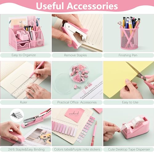 11 Pcs Pink Office Supplies Set Mesh Desk Organizer Accessories Kit Include Stapler Tape Dispenser Staple Remover Clips Ruler Scissors Sticky Notes for Office School Home Women (Pink)