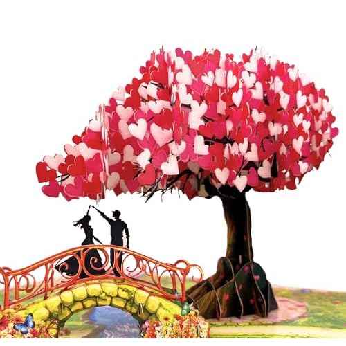 Anniversary Pop Up Card, 3D Love Tree Hearts with Couple, Wedding Anniversary Card for Wife, Husband, Couple, Love Card for Her, Him, Ideal Gift for Wedding, Anniversary, Valentines, Romantic Birthday, Mothers Day