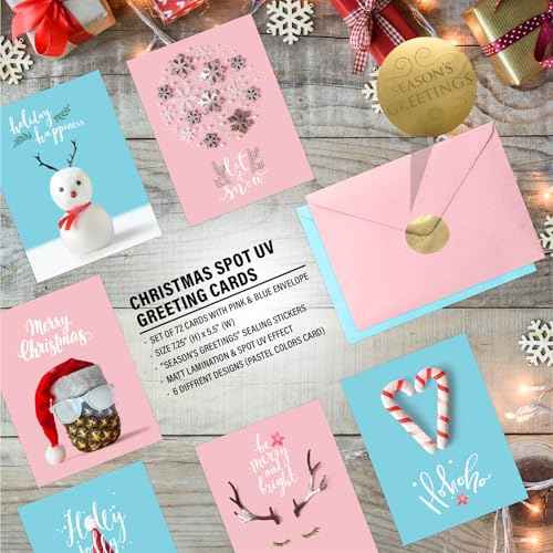 easykart labels 72 Christmas Greeting Cards Assortment, High gloss Spot UV,7.25 x 5.5 Inch with Seal Stickers For Friends, Family and loved Ones