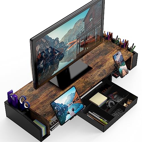 Simple Houseware Rustic Brown Dual Monitor Stand Riser with Drawer & Phone Holder
