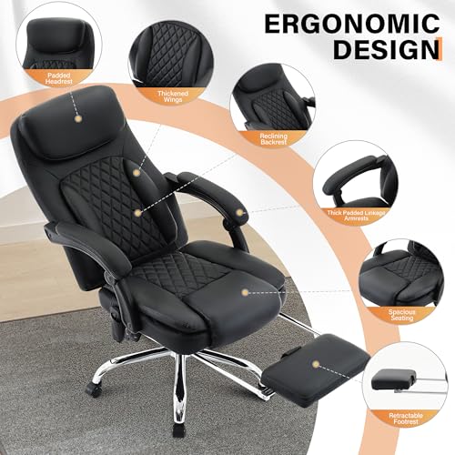 BIGGARSIT Black 500Lbs Ergonomic Massage Office Chair with 6-Point Vibration & Heat — Reclining, Big & Tall PU Leather