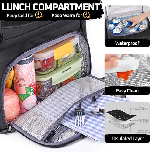 MOZETO Laptop Lunch Backpack for Men, Tactical Inspired Utility Anti-Theft Work Bag with Cooler Compartment Lunchbox (Black, 17 Inch)