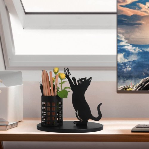 kobjoy Cat Pencil Holder for Desk, Organizer Pen Holder for Bedroom/Office, Metal Cut Home Decor for Table Centerpiece, Black Gifts for Cat Lover, Pampas Grass Vase(Cat)