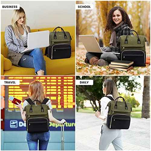 LOVEVOOK Laptop Backpack for Women, 17-inch Large Capacity Fashion Work Computer Backpacks, Travel Business Bags Purse, Teacher Doctor Nurse Backpack with USB Port, Army Green-Black