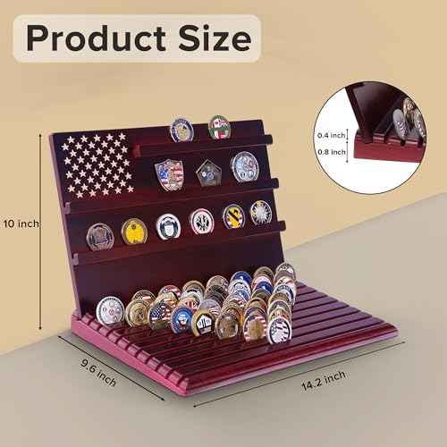 Challenge Coin Display Stand, 13-Row Solid Wood Military Coin Holder with Sloped Base, Holds 80-110 Coins, Coin Holders for Collectors