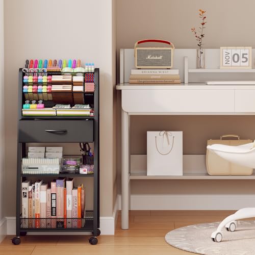 3 Tier Rolling Cart - Metal Utility Cart with Storage Drawer and Wheels, Versatile Art & Craft Organizer for Home, Office, or Studio - Ideal for Storing Brushes, Paints, and Supplies£¨Black£©