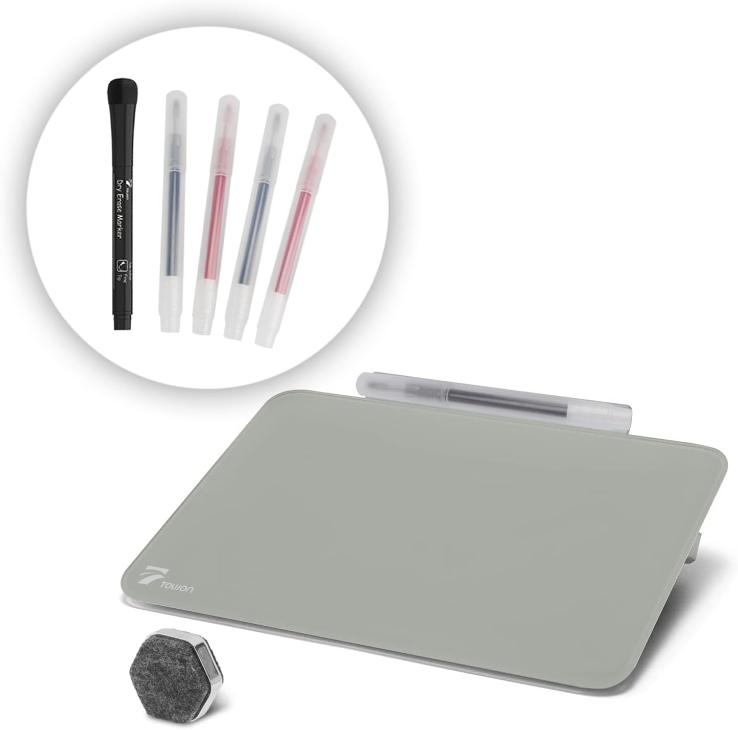 TOWON Mini Glass Dry Erase Board - Portable Desk Whiteboard with Easel Stand | 8 x 6 Inches, Gray