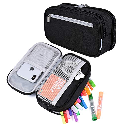 YONZONE Black Large Capacity Multi-Functional Pencil & Makeup Case with 3 Compartments