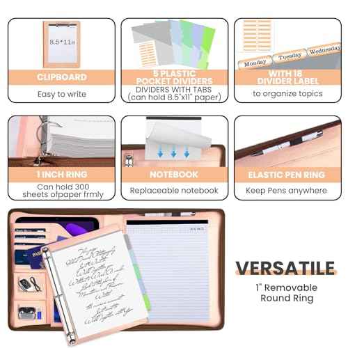 Leather Padfolio Portfolio with Clipboard Storage, Removable 3 Ring Binder 1 Inch Zipper Binder, Document Organizer for Women Men with Notepad, 5 Pocket Dividers, Pen Holder, Rose Gold