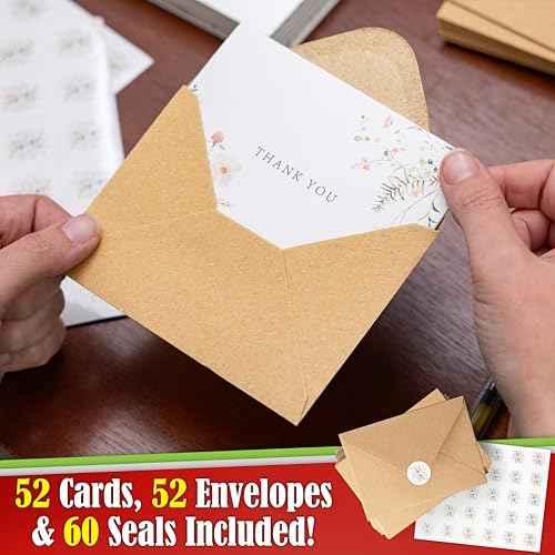 52-pack Floral Thank You Cards Bulk with Kraft Envelopes & Matching Stickers, 3.5x5 Inches, 6 Wildflower Designs | Perfect for Weddings, Baby & Bridal Showers, Graduations & Birthday