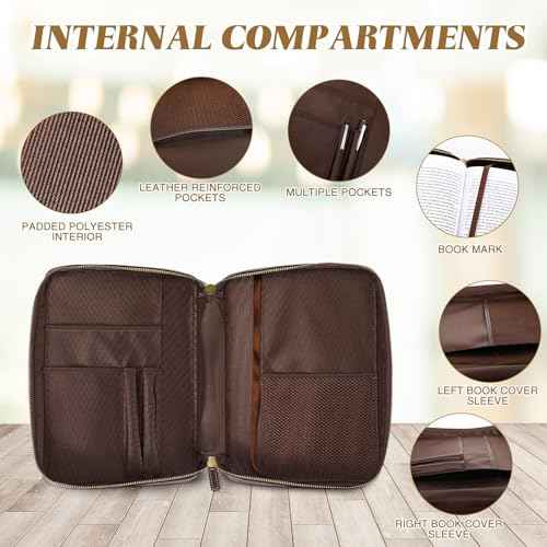 Top Grain Leather Bible Cover for Men Women Buffalo Genuine Leather Bible Case Book Holder Bag with Zipper Handle Back Pocket Bookmark Father's Day Religious Gift(Dark Brown,Medium,Classic)