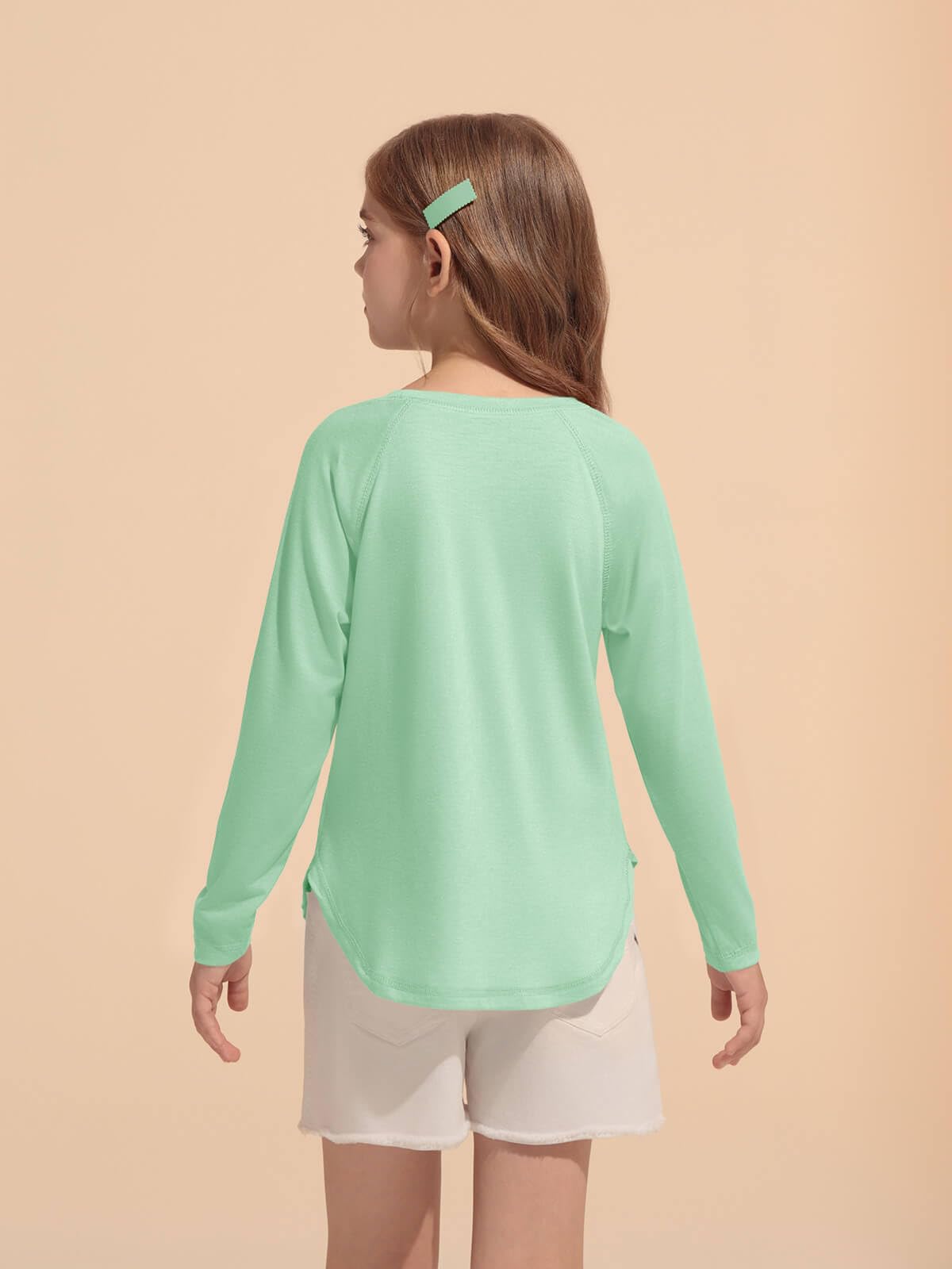 Haloumoning Girls Raglan Long Sleeve Shirts Kids Curve Hem Crewneck Tunic Tops Fashion T-Shirts 5-14Y Mint