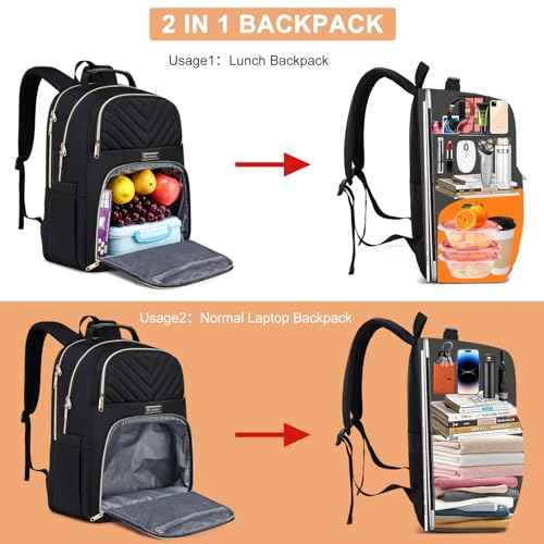 Lunch Backpack for Women, Water Resistant Insulated Cooler Lunch Bag, 15.6 inch Laptop Backpacks with USB Port, Picnic Backpack with Lunch Box for College Work Camping Beaches, Black