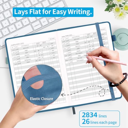 Blugool Checkbook Register 5.8 x 8.3 in Blue – 2834 Entries, 180° Flat, with Pen Loop & Pocket