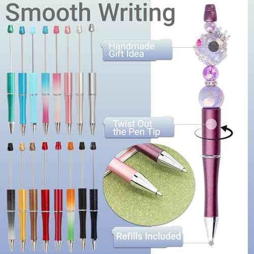 Beadable Writing Pens for Crafting 16-Color DIY Customizable Pen Set for School, Office & Creative Gifts | Smooth Writing, Stainless Steel Shaft, Interchangeable Ink Refills