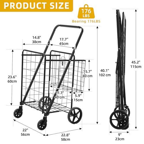 DWVO Jumbo Folding Shopping Cart with Wheels, Rolling Foldable Grocery Cart with Double Basket, Portable Collapsible Utility Cart for Shopping Groceries Laundry Storage Organizer
