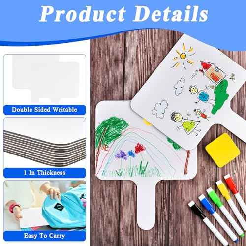 24 Pcs Dry Erase Answer Paddle, 10 x 8 Inch Auction Paddles with Markers and Erasers, Handheld White Board with Handle for Teaching Meeting Bidding Voting Games (Double Sided)
