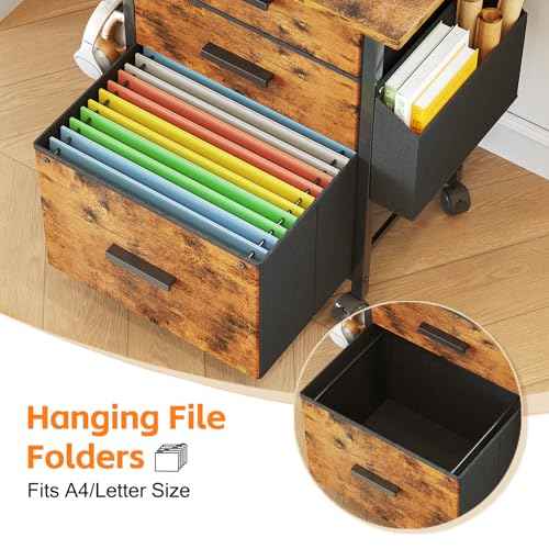 Mexin 3 Drawer File Cabinet with 24'' Extended Desktop, Mobile Filing Cabinet, Printer Stand, Rolling Printer Stand with Side Bag, Fabric Drawer, Fits A4 Size, Home Office,Rustic Brown