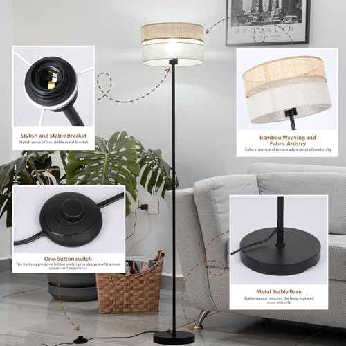 Floor Lamp with Bamboo and Linen Fabric Lampshade, Adjustable Color Temperature Floor Lamp with 6W Bulb, Boho Standing Lamp for Livingroom, Bedroom, Office