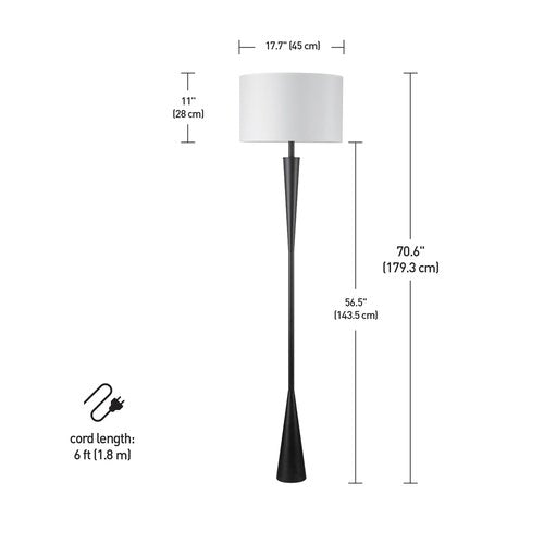 Globe Electric 67224 70" Floor Lamp, Matte Black Finish, White Fabric Shade, Modern Tapered Frame, E26 Base, Contemporary Living Room and Bedroom Lighting