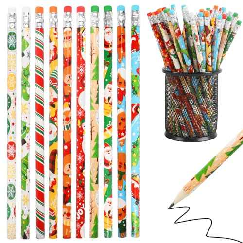 DIYASY 100 Pcs Christmas Pencils for Kids, Holiday Pencils Bulk with Erasers Xmas Wood Pencil Party Favor Supplies Classroom Rewards Prizes Stationery Decorations 10 Styles