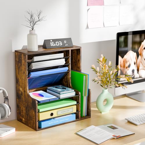 Simple Trending 7 Tier Desk File Organizer, Wooden Letter Tray Paper Organizer with Adjustable File Holder, Mesh Desktop Organizer and Storage for Office Supplies