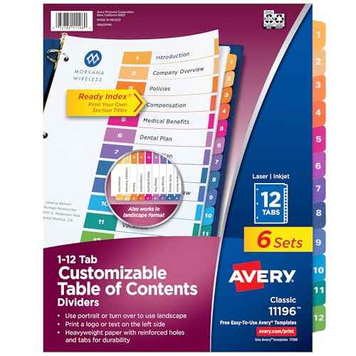 Avery 12 Tab Dividers for 3 Ring Binders, Customizable Table of Contents, Multicolor Tabs, 6 Sets (11196)