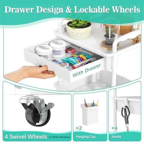 4 Tier Rolling Utility Cart with Drawer, Storage Organizer Cart with 2 Lockable Wheels, Multifunctional Rolling Storage Cart for Bathroom, Kitchen, Craft, Makeup, Baby Essentials, White