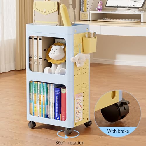 JS Ellie Pink 2-Tier Movable Foldable Large-Capacity Bookshelf with Pegboards, 360° Wheels