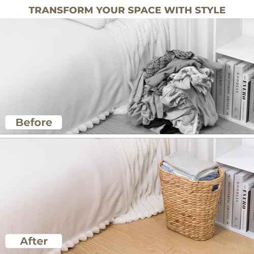 KOKODO Pack of 2 Oval Water Hyacinth Waste Basket ? Handwoven Wicker Trash Can with Handles & Metal Frame, BOHO Decorative Garbage Bin for Bathroom, Bedroom, Home Office (2-Pack)