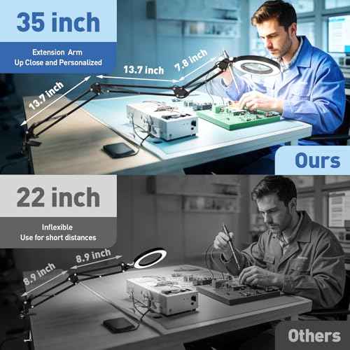HITTI Ultra Long 12X & 30X Magnifying Glass with Light and Clamp, 5 Color Modes Steepless Dimming Desk Lamp, Swivel Arm Workbench Light, Hands Free Lighted Magnifier Stand for Craft Reading Hobby
