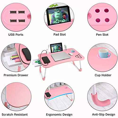 Slendor Lap Desk with Tablet Slot, Foldable Laptop Table with Storage Drawer for Bed£¬Portable Bed Desk for Laptop, Computer Tray with Cup Holder Notebook Stand Reading Holder for Couch Floor, Pink
