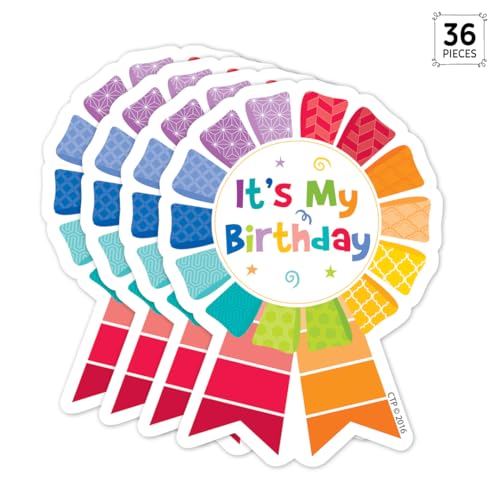 Creative Teaching Press Painted Palette Happy Birthday Badge Set - 36 Adhesive Student Recognition Badges, 3 x 3.5 Inches