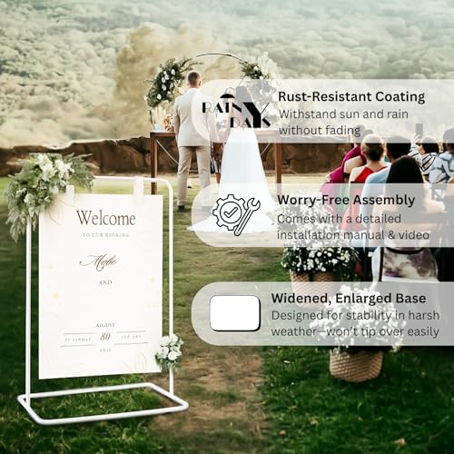 Welcome Sign Stand, Adjustable Sign Holder Stand w/ Poster Design Templates & Leather Straps, Heavy Duty Metal Easel for Wedding, Bridal Shower, Birthday Party, Baby Shower, 68" x 30" x 20"