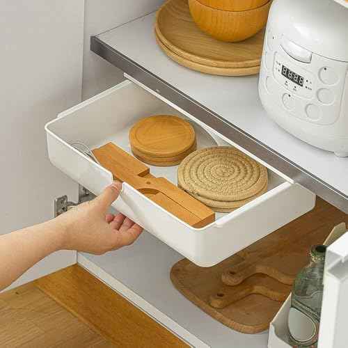 Poeland Under Desk Drawer Self-Stick Storage Organizer for Office Home School Large Size White 2 Pack