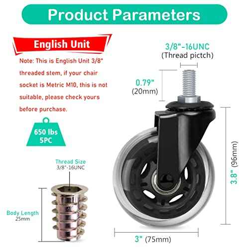 Hirate 3" Office Chair Casters Wheel with 3/8"-16UNC Threaded Stem Mute Gaming Chairs Casters Replacement Safe for Hardwood Tile Floors, Set of 5 with Screw Inserts