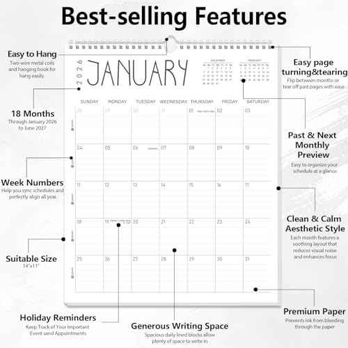 Guasslee Wall Calendar 2026-2027, 14"x11.5" Vertical Wall Calendar 2026, 18-Month Desk Planner From 2026 Jan - 2027 Jun, Monthly Hanging Planner Spiral Bound For School Home Office Organizing