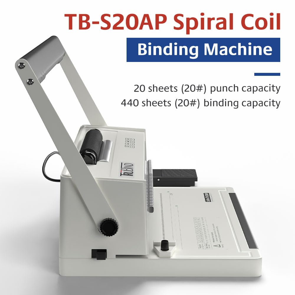 TruBind Coil Binding Machine with Electric Coil Inserter and Foot Pedal | 20 Sheet Punch Capacity | Bind up to 440 Sheets | 46 Fully Disengageable Dies | 4:1 Pitch | 2-Year Warranty
