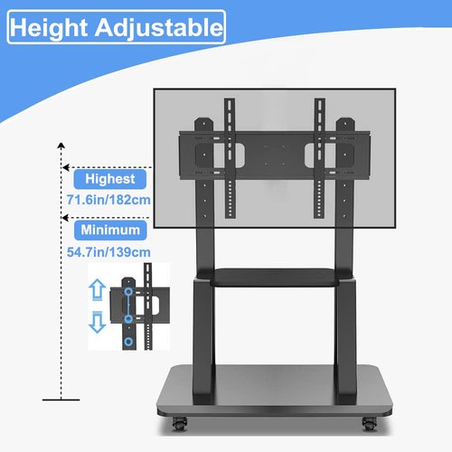 Hellsehen Mobile TV Stand,Rolling TVs Cart on Wheels Height Adjustable Heavy-Duty Floor Stand Base for 32-75 Inch LCD LED OLED Flat Panel Screens Smartboard Movable Holds up to 100lbs with Shelf