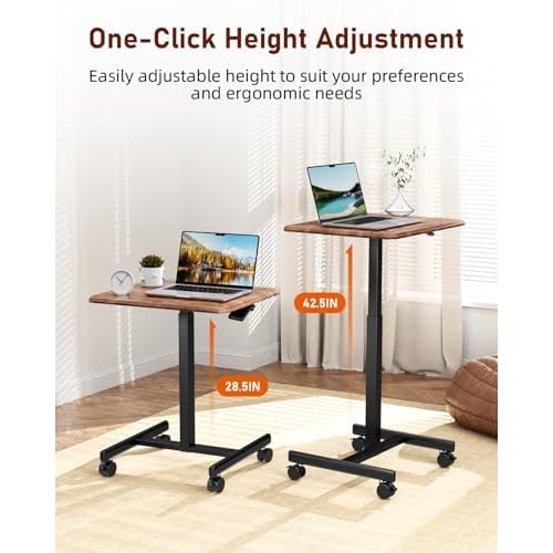 Simple Deluxe Standing Desk Small Rolling Desk with Lockable Wheels, Mobile Stand Up Desk Adjustable Height, Portable Laptop Desk, Small Computer Standing Table Sit Stand Brown