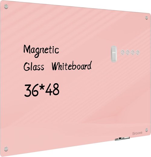 Magnetic Glass Whiteboard - 48"x36" Frameless Dry Erase Board for Office, School & Home - Pink